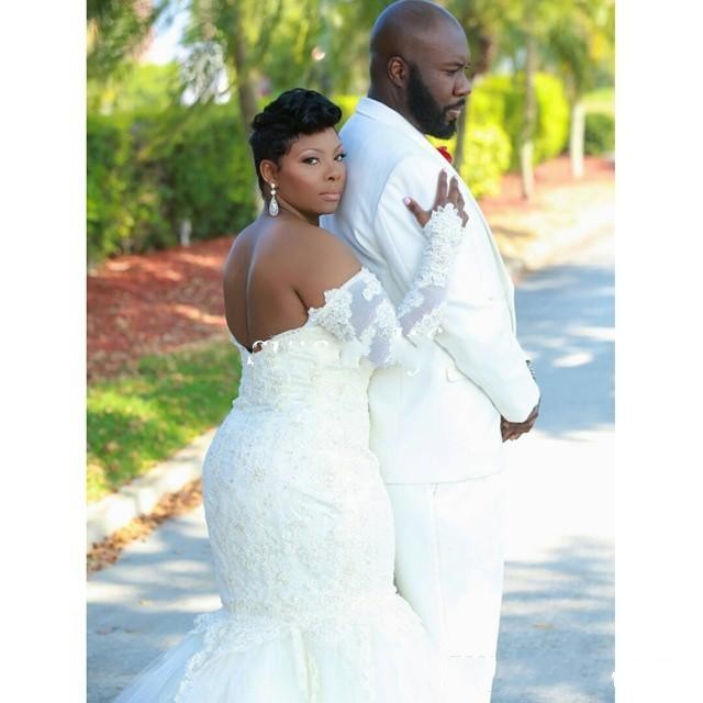 Mermaid Plus Size Dresses Off Shoulder Full Lace Long Sleeves Zipper Back Court Train Wedding Gowns Bridal Dress