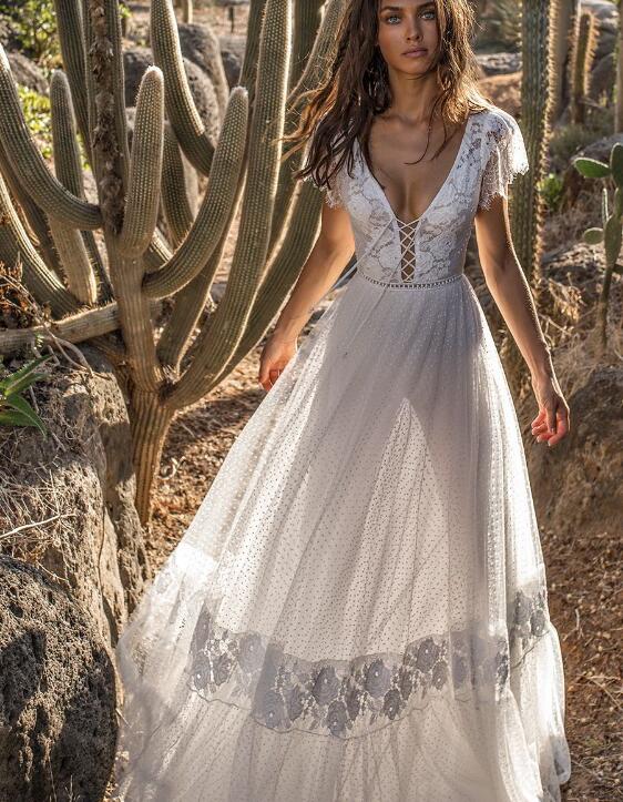 Summer Illusion Bohemia Wedding Dress Lace Backless Dot Tulle Bridal Gowns Custom Made Deep V Neck Wedding Dresses