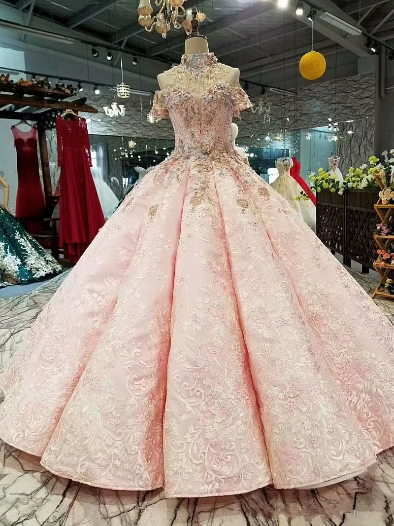 Luxury Pink Ball Gown Prom Dresses Off The Shoulder Lace Appliqued Beads Dress Evening Wear Plus Size Custom Made New Formal Party Gowns