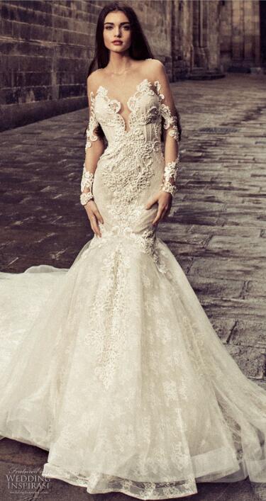 Julia Kontogruni 2018 Wedding Dress With Long Sleeves Sheer Neck Appliques Beaded Bridal Gowns Sweep Train Mermaid Wedding Dresses