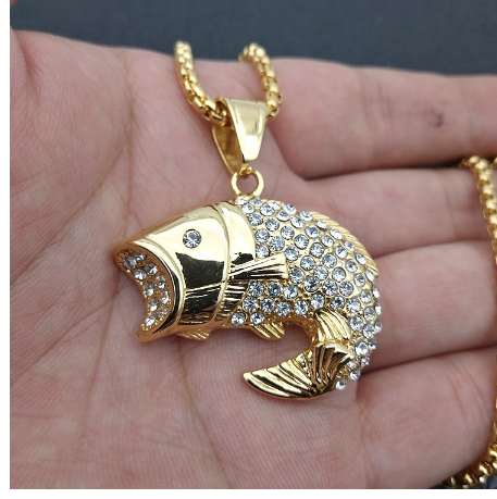 Hip Hop Chain Men big Fish Bone Statement Pendant Necklaces with zircon Gold Color Stainless Steel Fishing Hippie Kpop