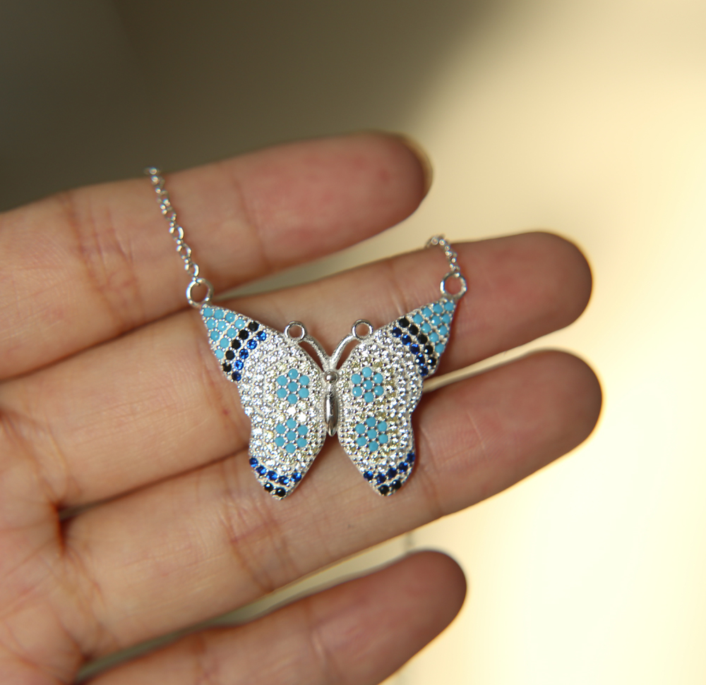 gold silver rose gold 3 colors colorful beautiful butterfly necklace Bohemia style 925 sterling silver paved cz turquoise fashion jewelry