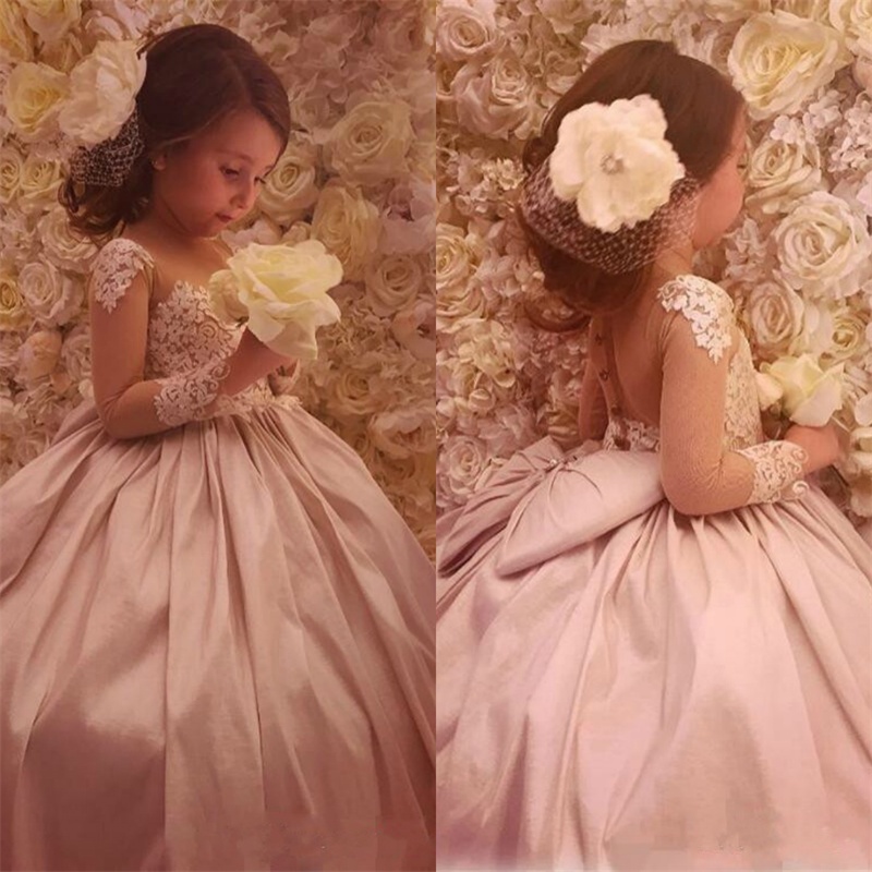 flower girls dresses sheer neck long sleeves ball gown satin baby girl birthday party pageant dresses girls pageant gowns