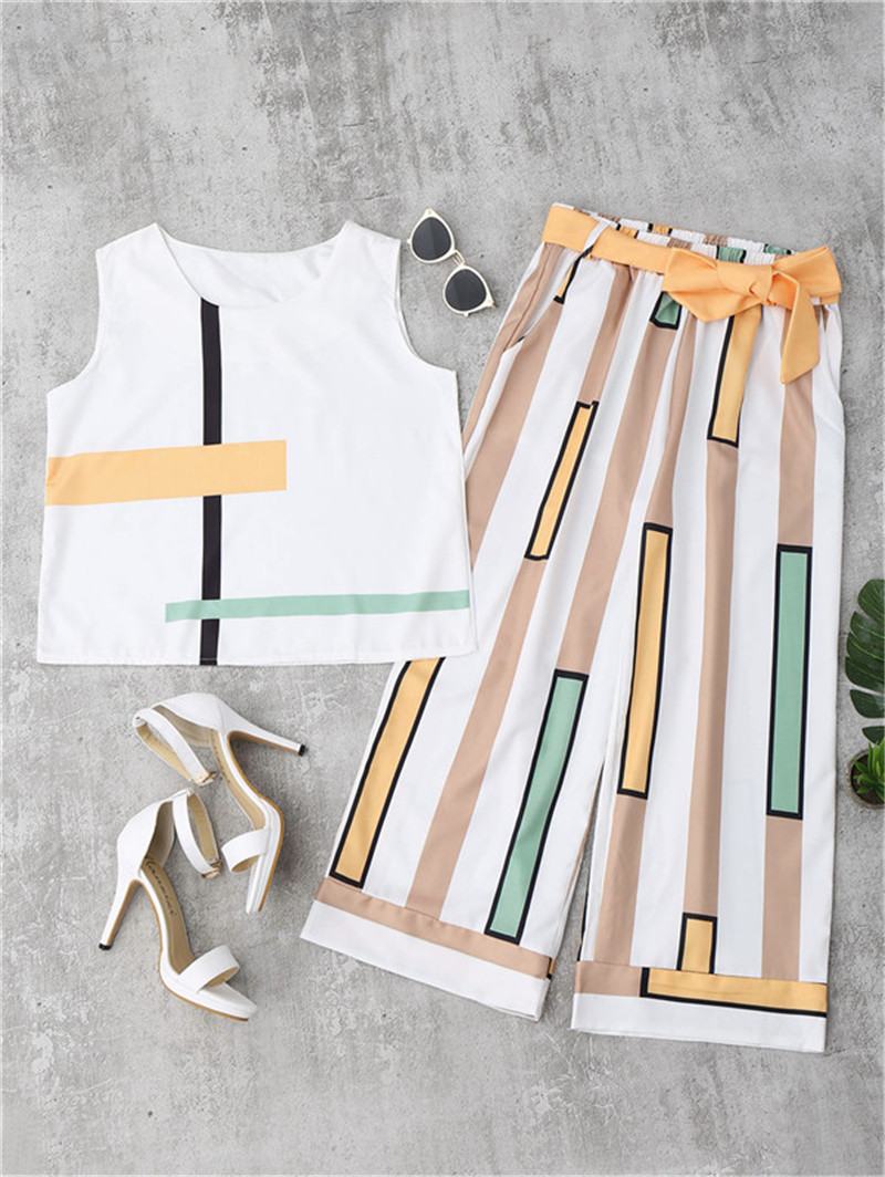 2018 Women Casual Striped Two Piece Set Women Summer Sleeveless Elegant Tank Top Office Lady Work Wide Leg Pants Chiffon Suit
