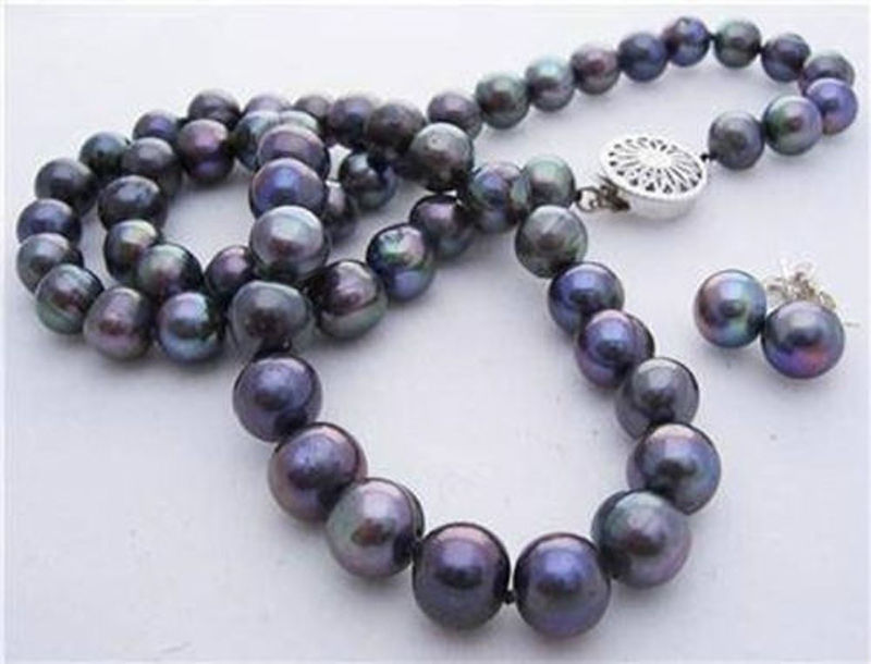8-9mm Natural Black Akoya Cultured Pearl Necklace Earrings 18" Hand Knotted, Dark blue
8-9mm Natural Black Akoya Cultured Pearl Necklace Earrings 18" Hand Knotted, Dark blue