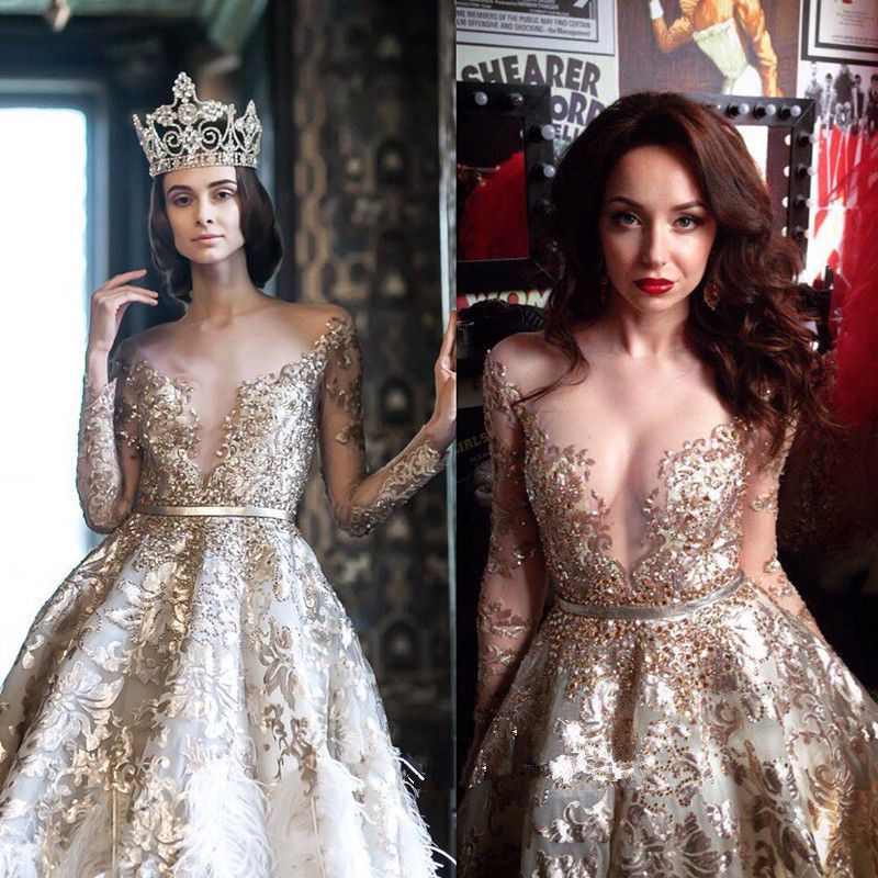Luxury Feather Wedding Dresses Gold Long Sleeves Bridal Gowns Custom Bling Crystal Lace Vestido De Noiva