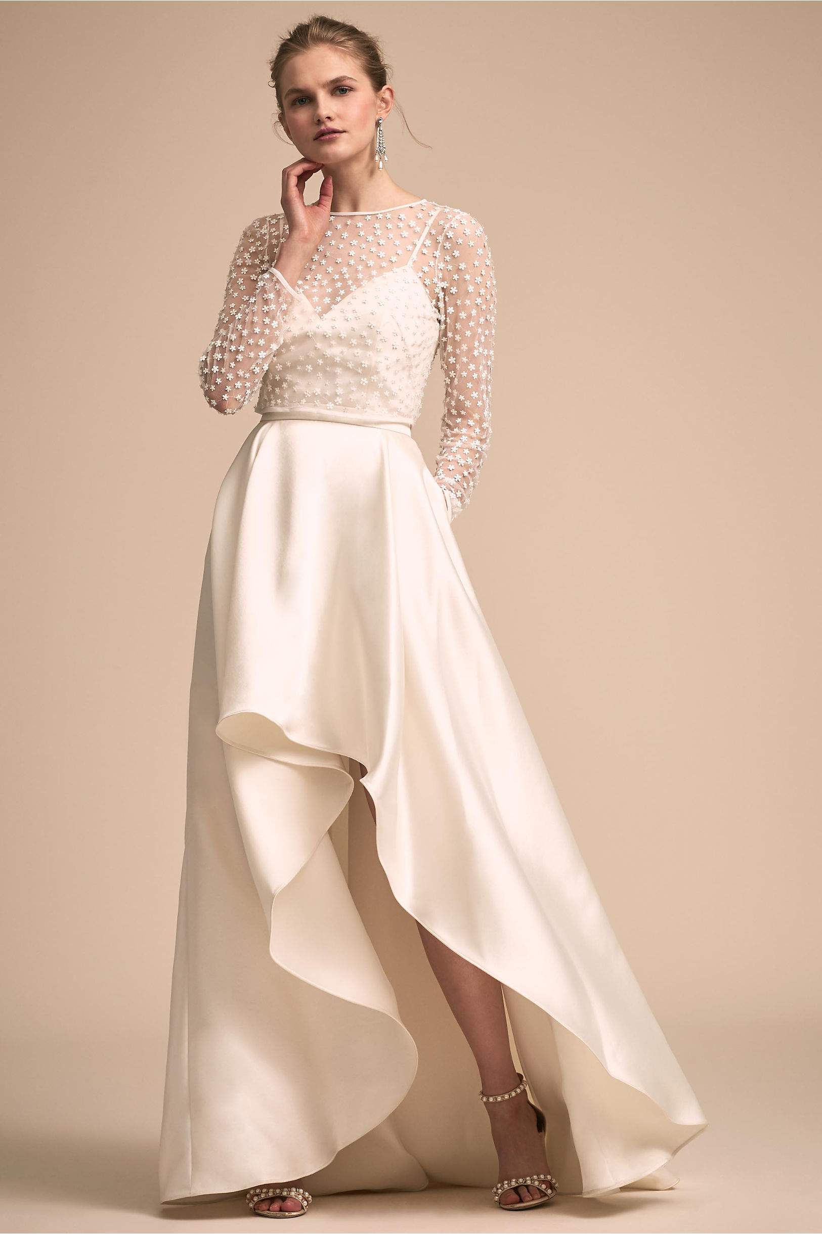 Beach BHLDN Wedding Dresses With Lace Jacket High Low Spaghetti Strapless Satin Bohemian Wedding Dress Cheap Long Sleeve Bridal Gowns