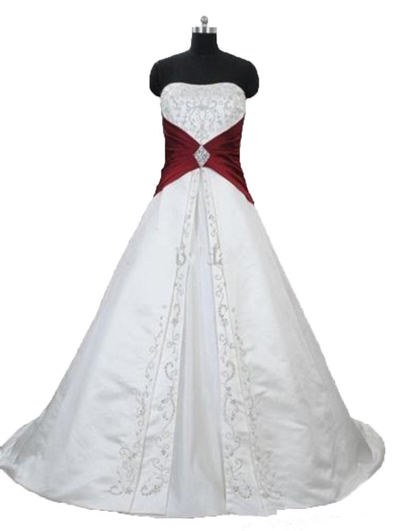 White and Red Embroidery Wedding Dresses 2019 Real Image New Sweep Train Strapless A-Line Satin Bridal Gowns Vestido De Novia Hot Sales W300, Same as image
White and Red Embroidery Wedding Dresses 2019 Real Image New Sweep Train Strapless A-Line Satin Bridal Gowns Vestido De Novia Hot Sales W300, Same as image