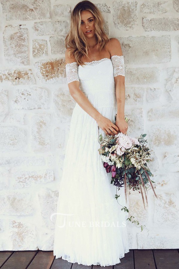 A e Off the Shoulder Beach Dresses Short Sleeves Strapless Lace Boho Wedding Dress or Length Custom Made Bohemian Bridal Gowns
