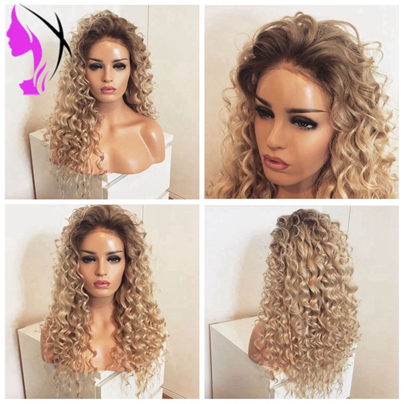 New brown roots with blonde color ombre wigs Heat Resistant two tone afro kinky curly synthetic lace front wig for africa american