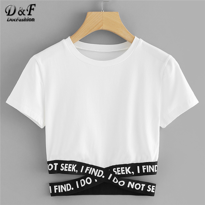 

Dashion Contrast Slogan Criss Cross Waist Tee 2018 Summer Round Neck Short Sleeve Top Women White Asymmetrical T Shirt