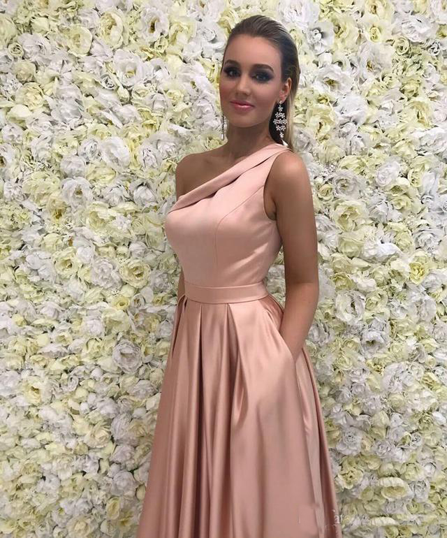 Rose Gold Long Prom Dress 2018 Elegant One Shoulder Sleeveless A Line Floor Length Satin Evening Dresses Bridesmaid Formal Gown With Pockets