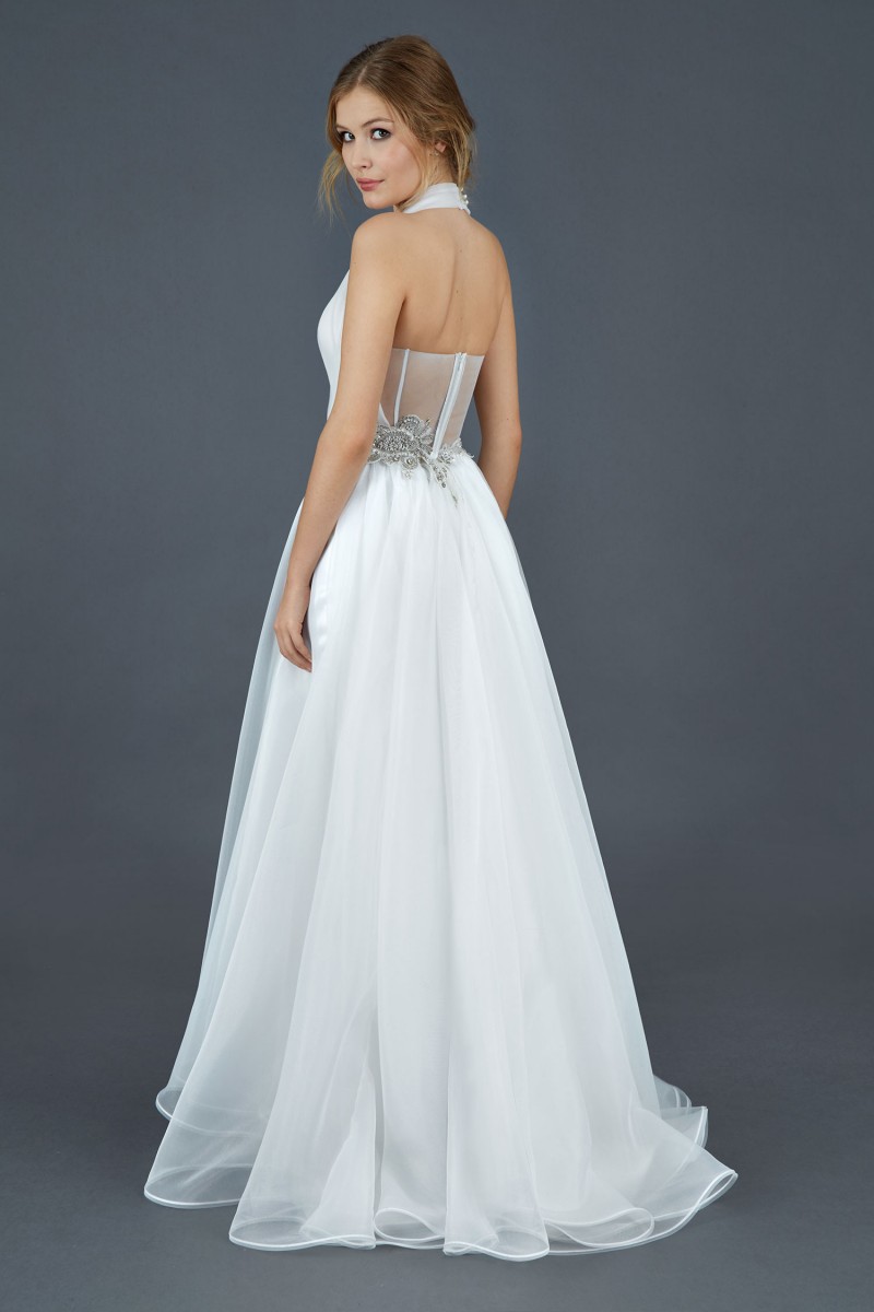 White Beaded Backless Evening Dresses Halter Neck Crystals Prom Gowns Vestidos De Fiesta A Line Floor Length Tulle Formal Dress