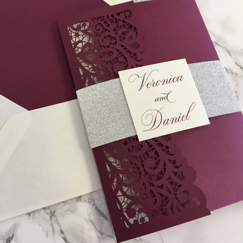 Vintage Burgundy Laser Cut Tri-fold Wedding Invitation Kits with Belly Band & Tag, Customizable Invites with Envelope, Free Shipping, White
Vintage Burgundy Laser Cut Tri-fold Wedding Invitation Kits with Belly Band & Tag, Customizable Invites with Envelope, Free Shipping, White