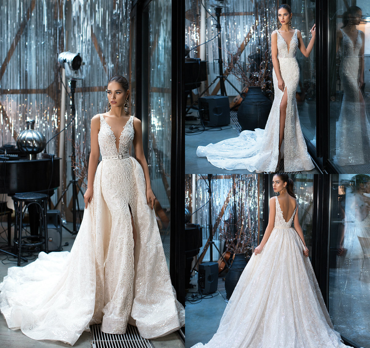 Julie Vino Mermaid Wedding Dresses With Detachable Train Appliques Beads Deep V Neck Sexy Backless Lace Wedding Dress Plus Size Bridal Gowns