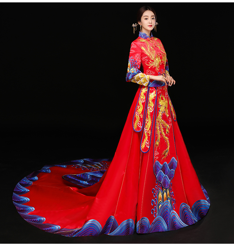 High Quality China traditional elegant bride wedding cheongsam dress Chinese dragon phoenix Suzhou Embroidery gown Fashion show