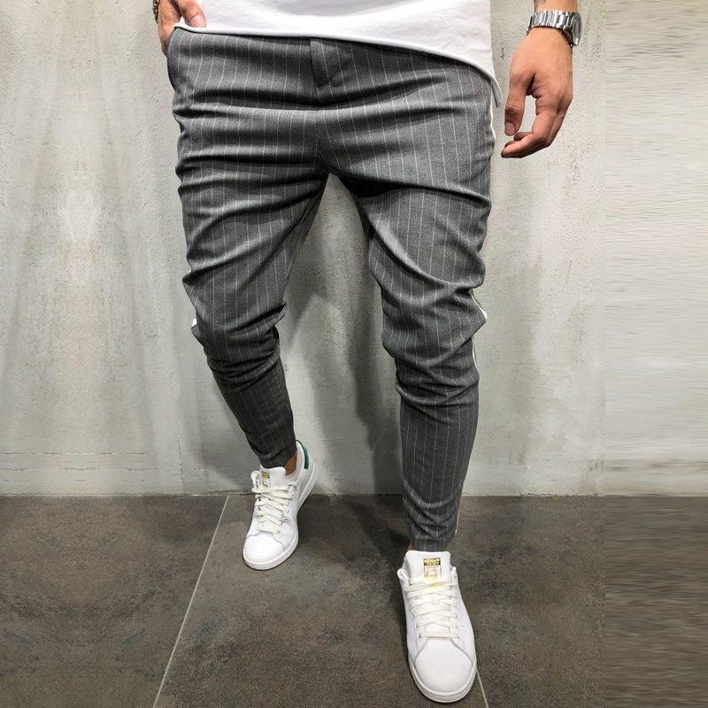 Mens Ankle Pants Streetwear Side Stripes Checkered Trousers Casual Slim Fit Street Fas