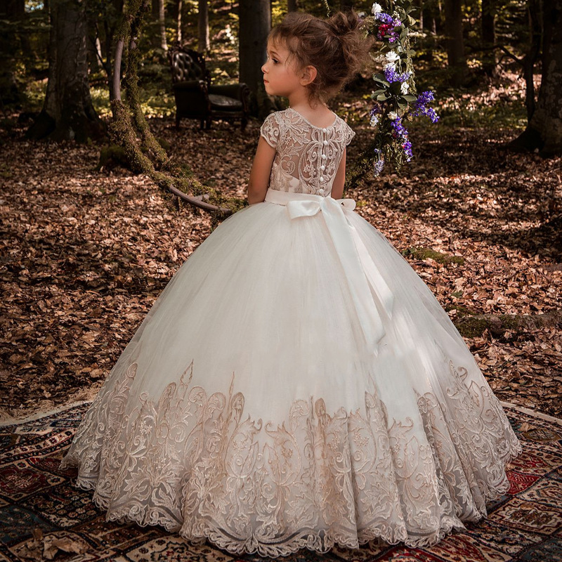 Elegant Princess Flower Girl Dresses Long For Weddings Short Sleeve Applique Lace Tulle Children Wedding party Girls Pageant Dress Kids First Communio