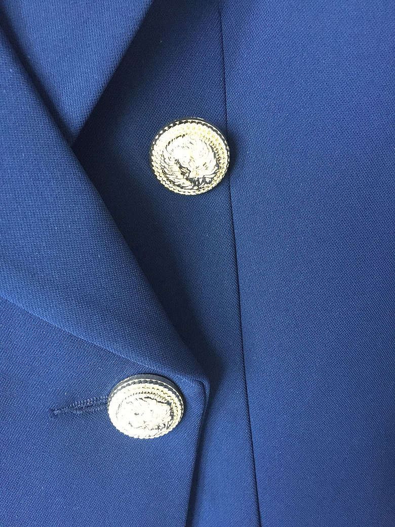 Hot Personality New Top Quality Original Design Women's Double-Breasted Blue Slim Jacket Metal Buckles Blazer Navy Blending Outwear