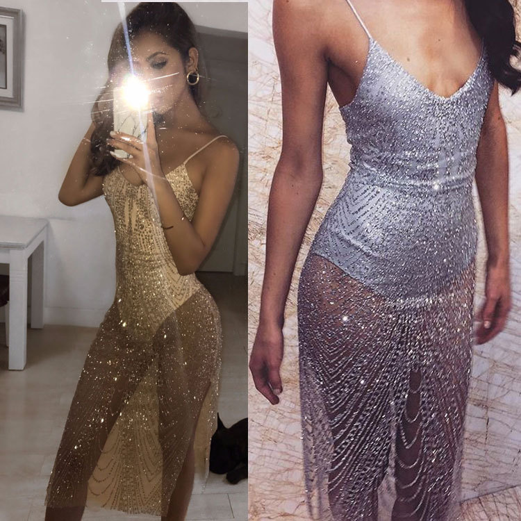 Summer Women Sexy Night Club Rhinestone Dress Women V neck Mesh See Though Sleeveless Mini Dress, Gold
Summer Women Sexy Night Club Rhinestone Dress Women V neck Mesh See Though Sleeveless Mini Dress, Gold