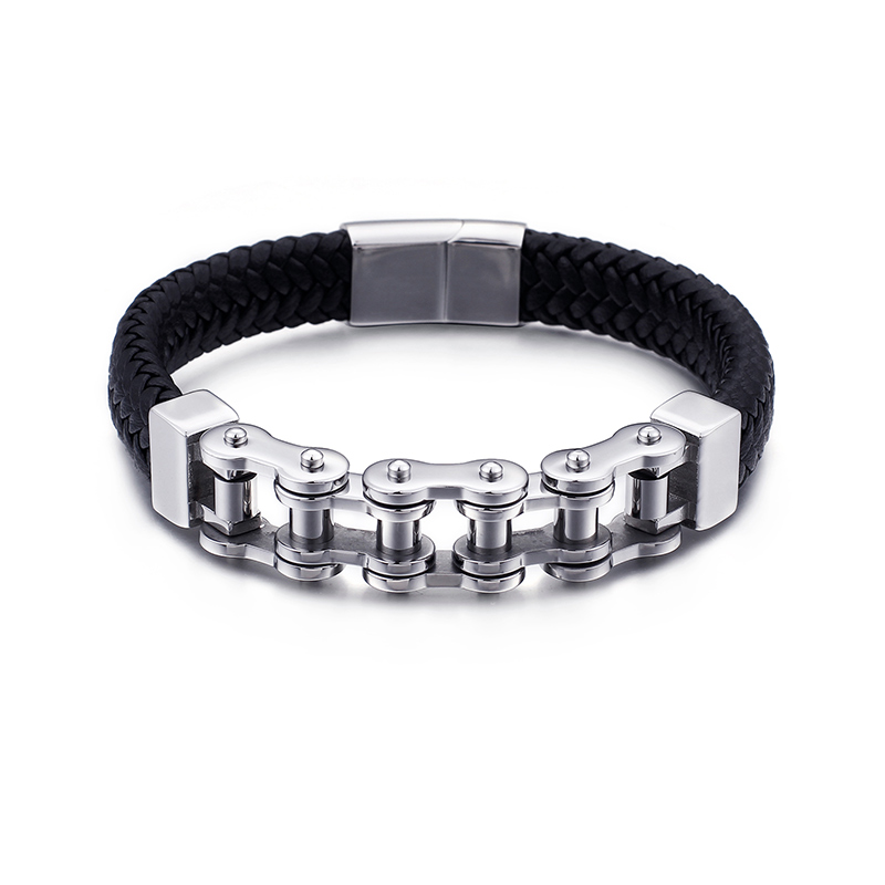 Vintage Men's Stainless Steel Bicycle Chain Bracelet Thick Heavy Hip Hop Rock Motorcycle Chain Leather Weaving Bangle Jewelry