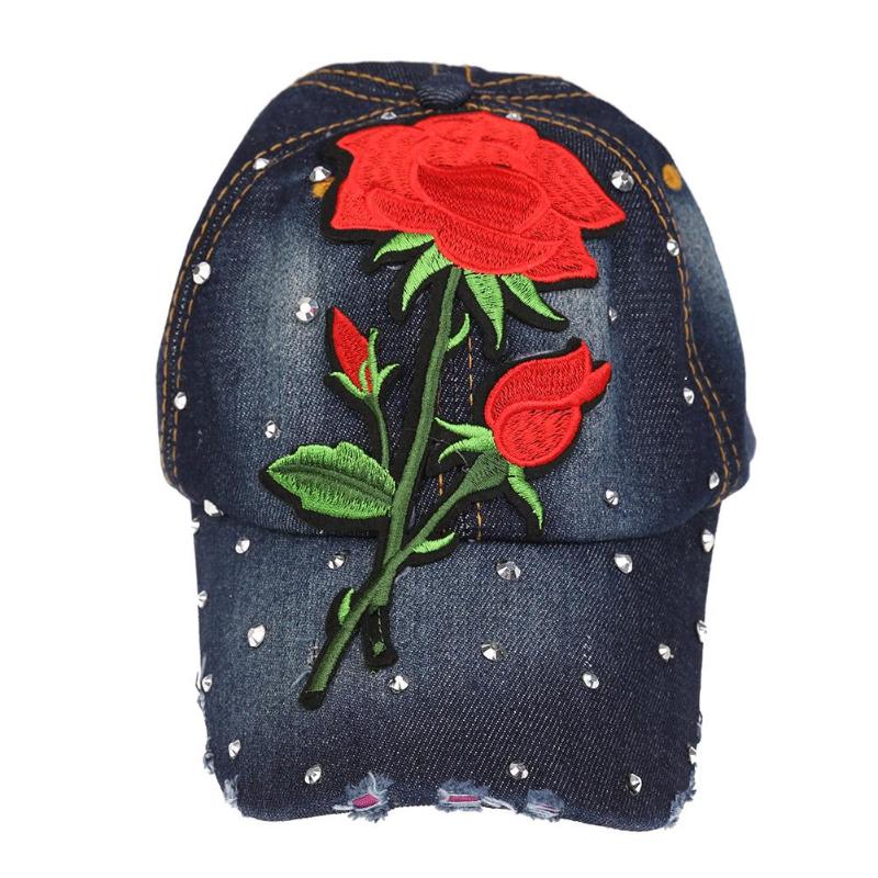 Bling Rhinestone Flower Denim Baseball Cap Women Fashion Embroidery Rose Snapback Hat Size Adjustable Caps