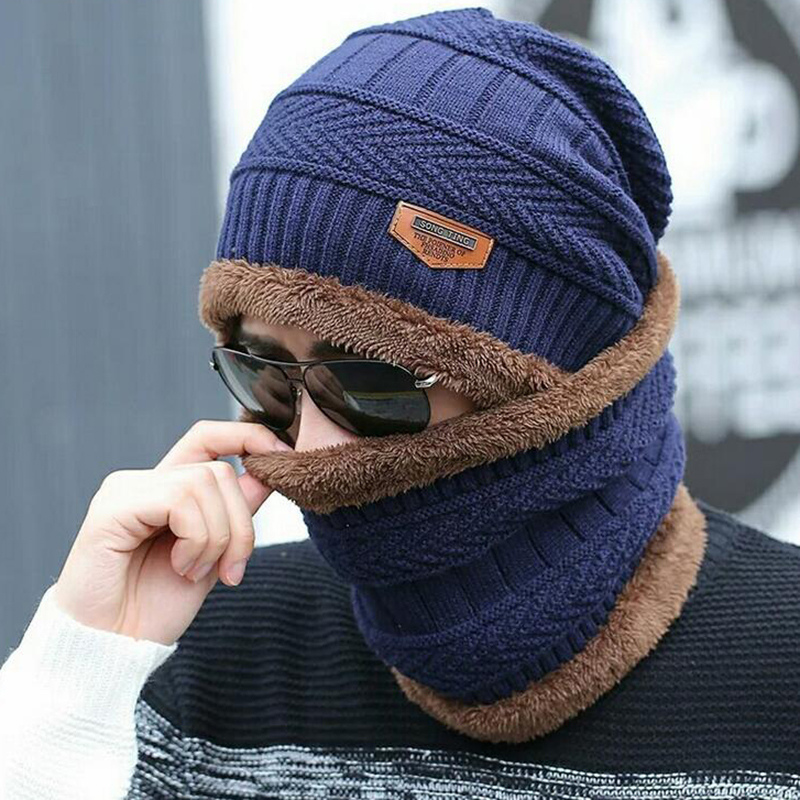 Black hat scarf two-piece cap Neck warm winter hat knitted Caps men Caps men's knitted cap Fleece Knit hats Skullies Beanies D18110601