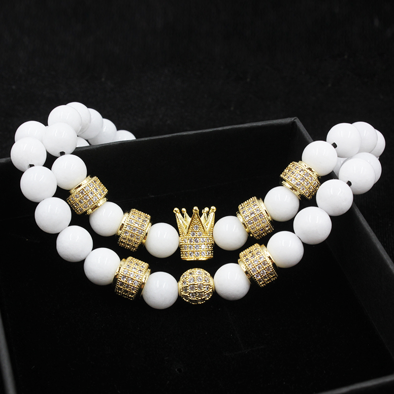 2pcs/set Uxury Fashion Crown Charm Bracelet Natural Stone For Women And Mens Pulseras Masculina jewelry Gift, holiday, valentine's day Father