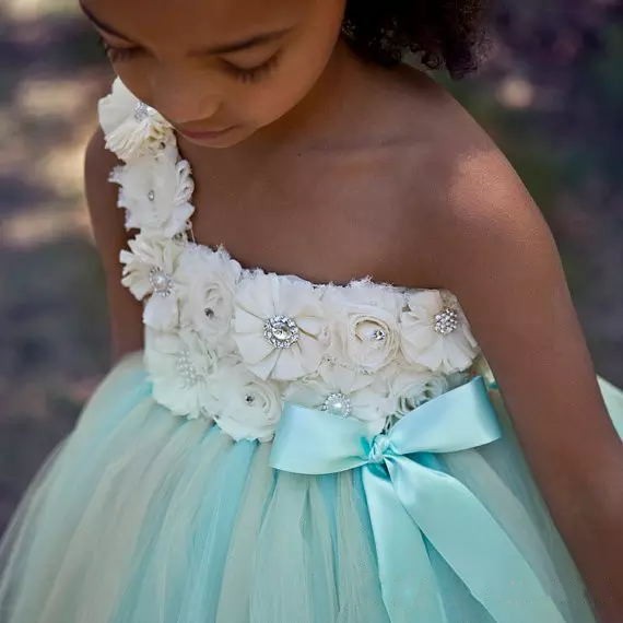 Mint Green Princess Flower Girl Wedding Dresses One Shoulder Strap Flowers Bodice Ball Gown Tulle Skirt Little Girls Birthday Party Dresses