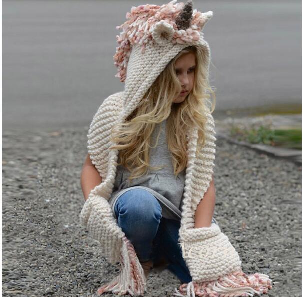 kids Unicorn scarf cap 2 in 1 Kids Infant Warm Knitted Hats warmer Winter Beanie Hat Tassels cap