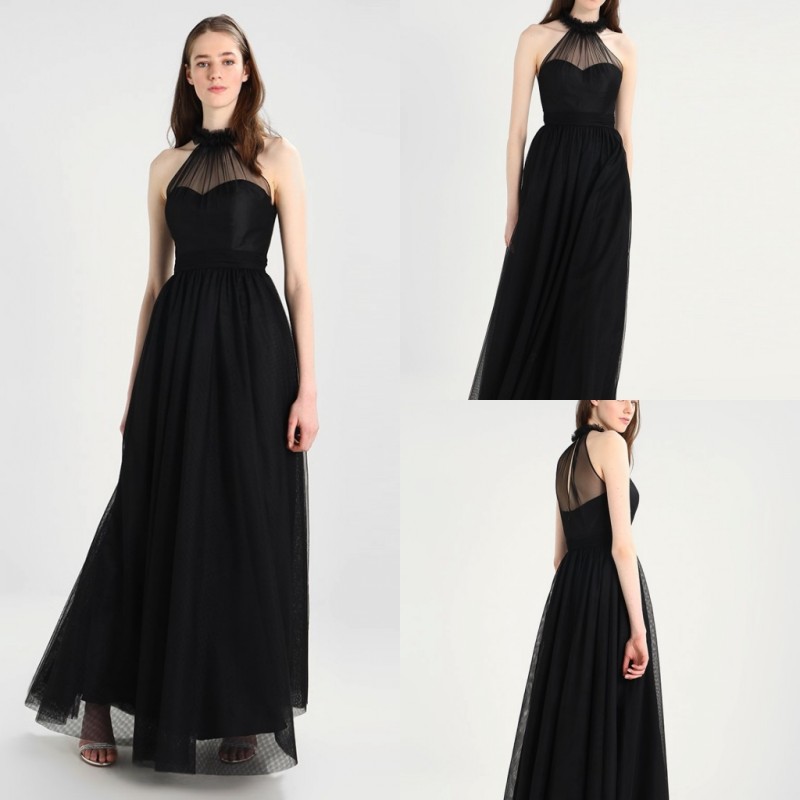 Latest Elegant Black Evening Dresses Custom Made Sheer Jewel Neckline Sleeveless Long Tulle Prom Dress Party Gowns