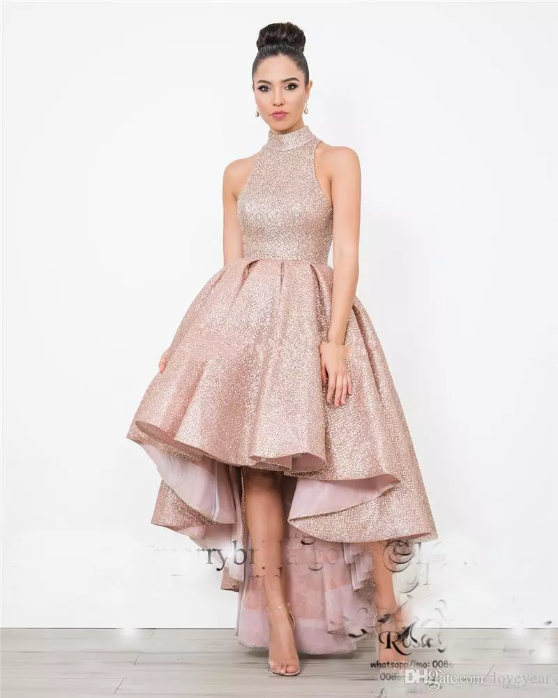 Shining Arabic Evening Dresses Sequins High Neck Ruffle Floor Length A Line Prom Dress Sleeveless Saudi Women Party GownS