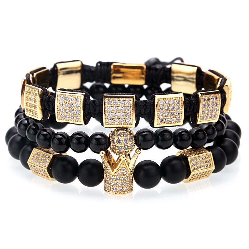 3pcs/set bracelet men/natural stone/beads/gold/charm/luxury/bracelet male hexagon crown charm braiding bracelets men jewelry Gift Valentine's Day