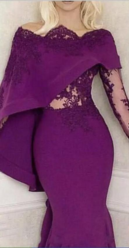 2018 Vintage Purple Mermaid Evening Dresses Lace Long Sleeves Off Shoulder Satin Prom Dress With Wrap
