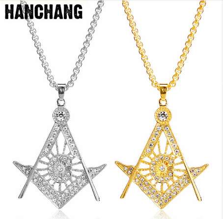 Stainless Steel Masonic Necklace Fashion Crystal Jewelry Charm Mason Iced-out Pendant Hip Hop Chain Necklace For Women Men