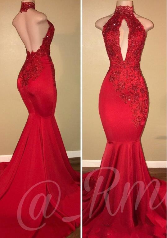 Sexy Mermaid Prom Dresses Halter Keyhole Red Royal Blue Backless Lace Appliques Crystal Beaded Formal Party Dress Evening Gowns Wear