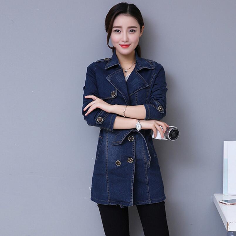 Autumn Women Casual slim Long Denim Trench Coat Female Boyfriend jean Overalls Plus Size Double-breasted Windbreaker coats y79