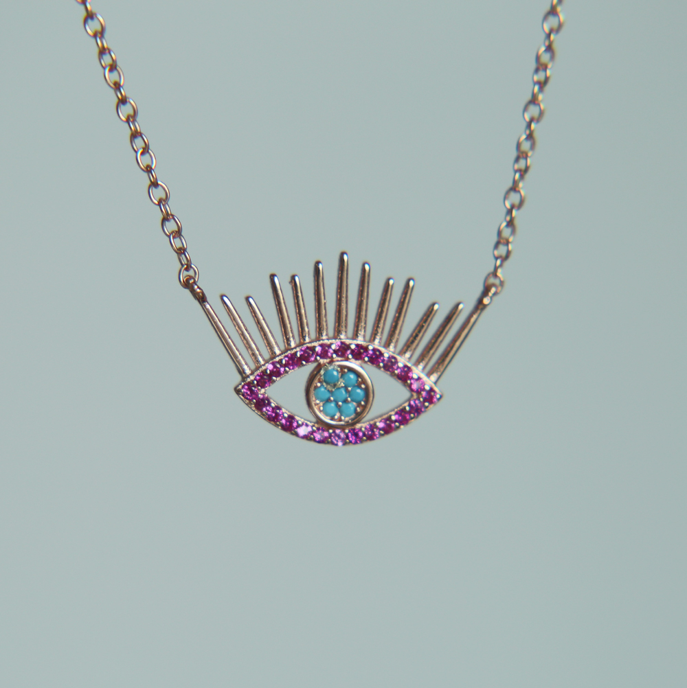 100% guarantee 925 sterling silver jewelry red stone Turkish evil eye charm pendant necklace eye eyelash lucky jewelry