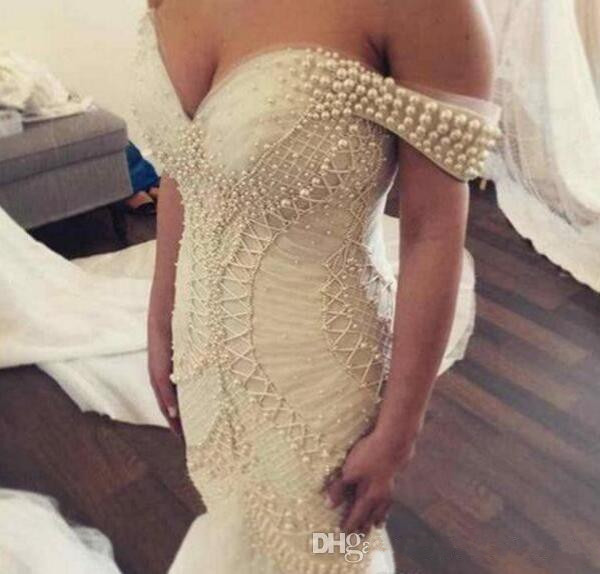 Mermaid Fabulous Wedding Dresses Pearls Beading Fit and Flare Trumpet Bridal Gowns Tulle Skirt Off Shoulder Robes De Soir e