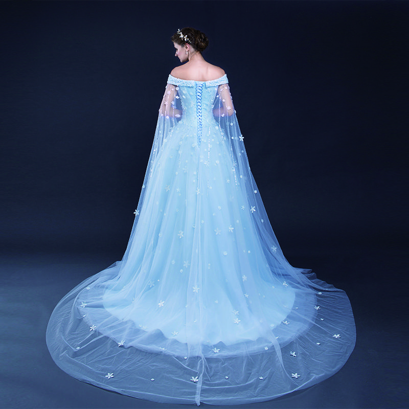 Light Sky Blue A Line Wedding Dresses Flower Lace Applique Lace Up Tull Off The Shoulder Bridal Dresses Wedding Gowns Custom Made HY4154