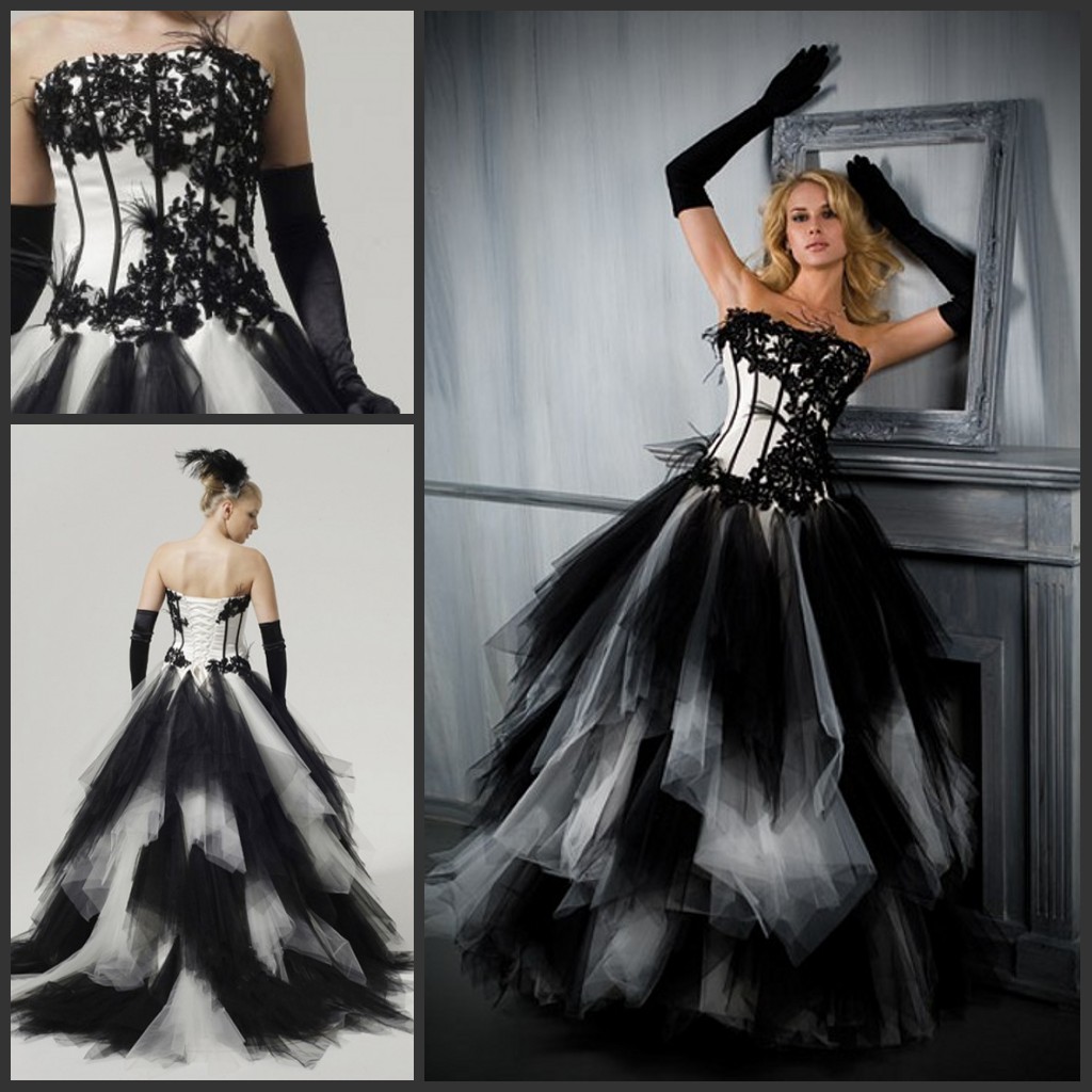Vintage Black and White Gothic Ball Gown Wedding Dresses Strapless Corset Top Lace Applique Tull Skirt Bridal Gowns
Vintage Black and White Gothic Ball Gown Wedding Dresses Strapless Corset Top Lace Applique Tull Skirt Bridal Gowns