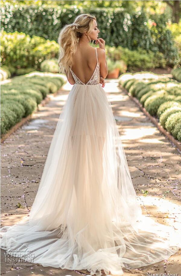 Naama & Anat Beach Dresses Spaghetti Lace Appliques Sexy Backless Side Split Boho Wedding Dress Light Champagne Bridal Gowns