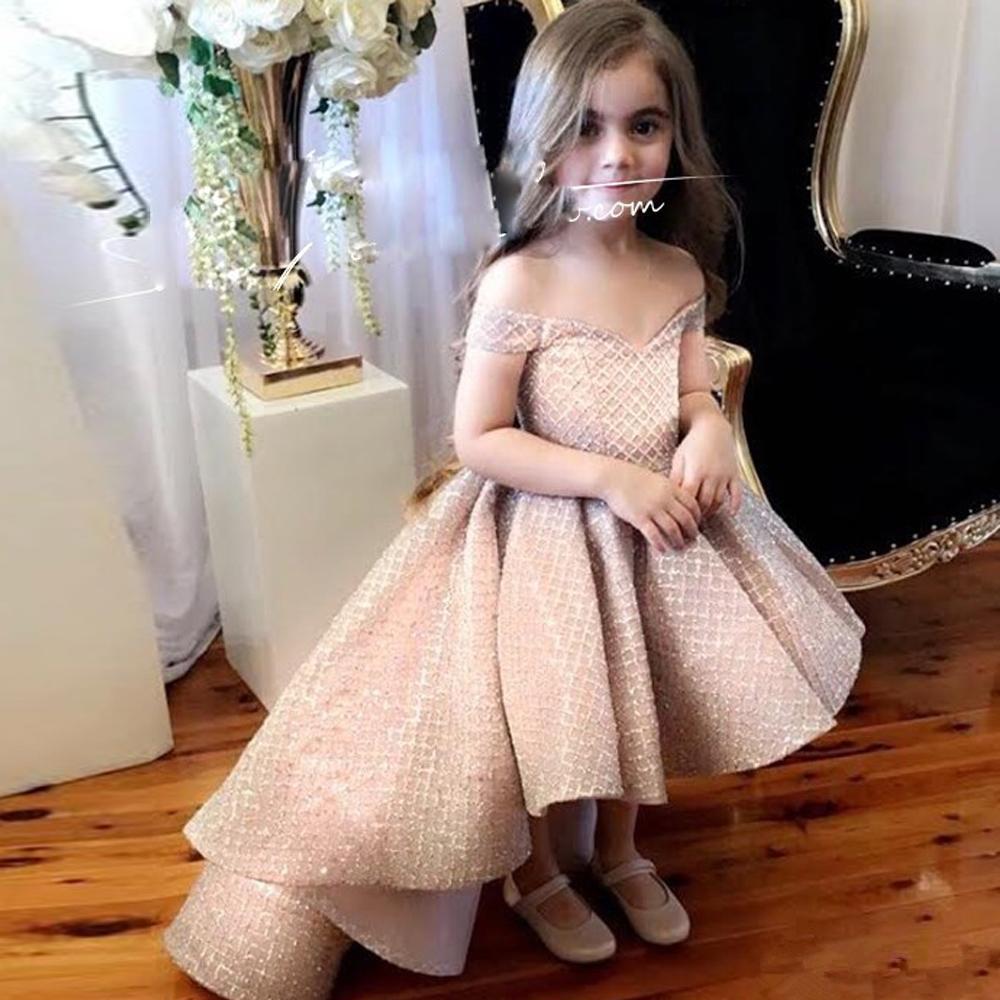 Cute Flower Girl Dresses Off The Shoulder High Low A Line Luxury Ruffle Sweep Train Girls Pageant Dresses Birthday Party Wear Custom Made