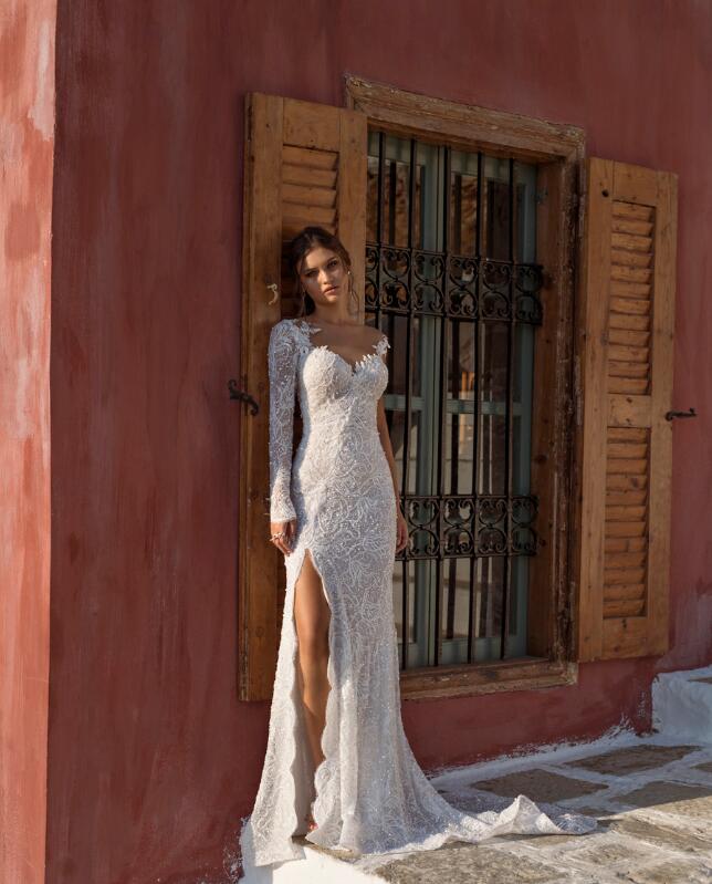 Lian Rokman Mermaid Dresses Side Split Lace Applique One Shoulder Long Sleeve Bridal Gowns Sweep Train Backless Wedding Dress