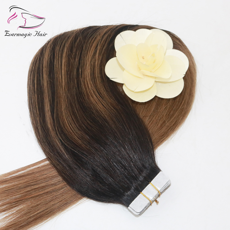 Top Grade High Quality Virgin Remy Hair Balayage Color 2/8# Straight Human Hair PU Tape Hair Extension