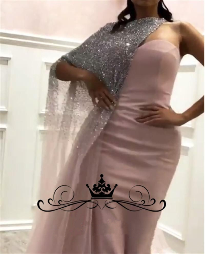 Yousef Aljasmi One Shoulder Mermaid Evening Dresses Cape Long Customized Arabic Dubai Beaded Sequined Pink Satin Tulle Formal Prom Gowns