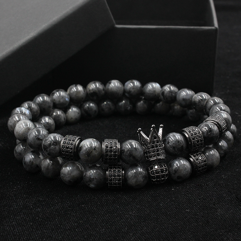 2pcs/set Uxury Fashion Crown Charm Bracelet Natural Stone For Women And Mens Pulseras Masculina jewelry Gift, holiday, valentine's day Father