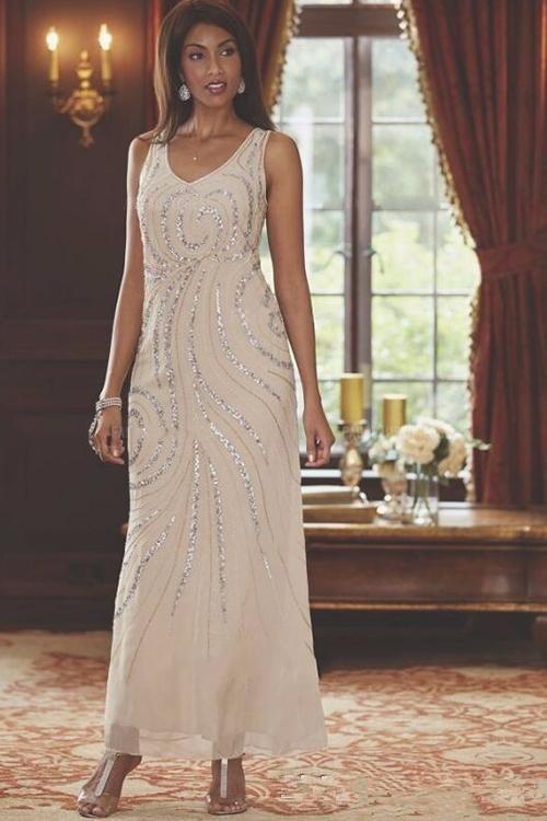 Elegant Champagne Mother Of The Bride Dresses With Jacket Sequins Beaded Long Sleeve Ankle Length Plus Size Mothers Wedding Guest Dress