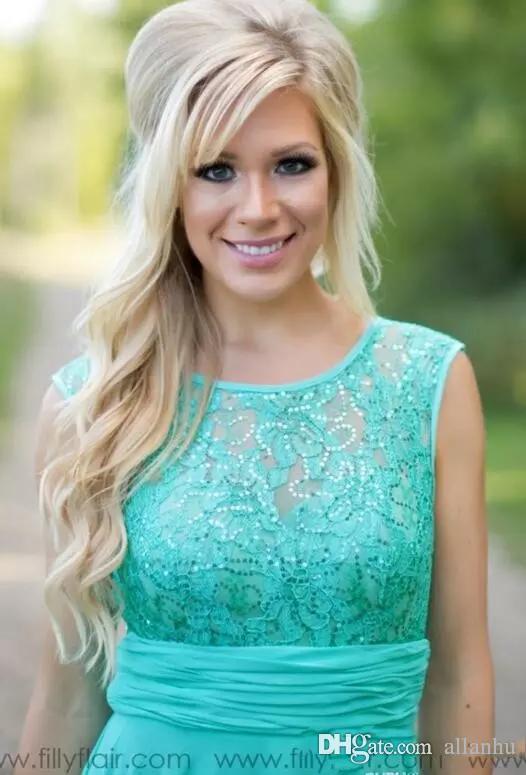 Turquoise New Bridesmaids Jewel Neck Lace Chiffon Long Country Bridesmaid Maid Of Honor Wedding Guest Dresses Custom Made
