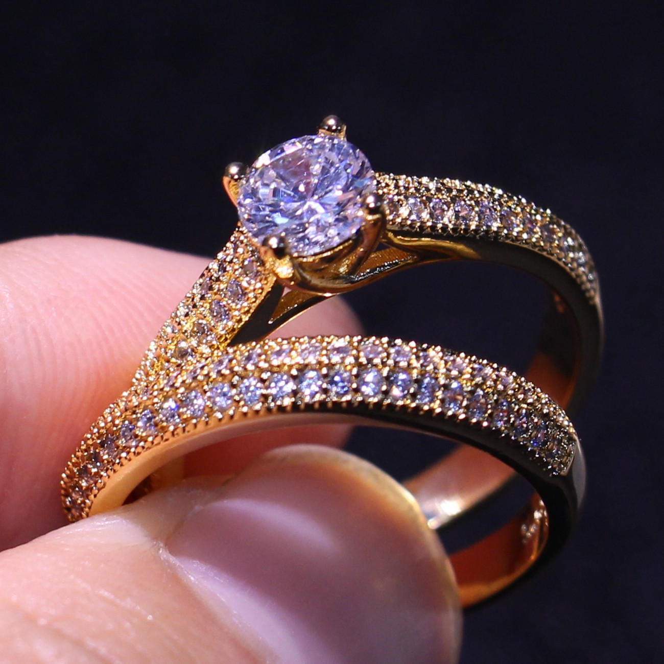 Wholesale Porfessional Handmade Jewelry Sterg Sier&Gold Filled 5A Cubic Zirconia CZ Dia Office Bridal Ring Set Gift